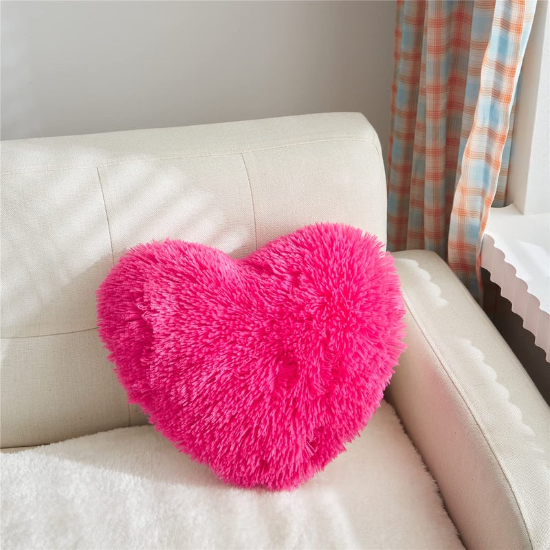MOOWOO Fluffy Faux Fur Heart Throw Pillow for Valentine's,Mothers Day,Sherpa Plush Fluffy, Solid Color, Heart Shape Pillow for Girls,Hot Pink Love Throw Pillow (Rose Red) - Image 5